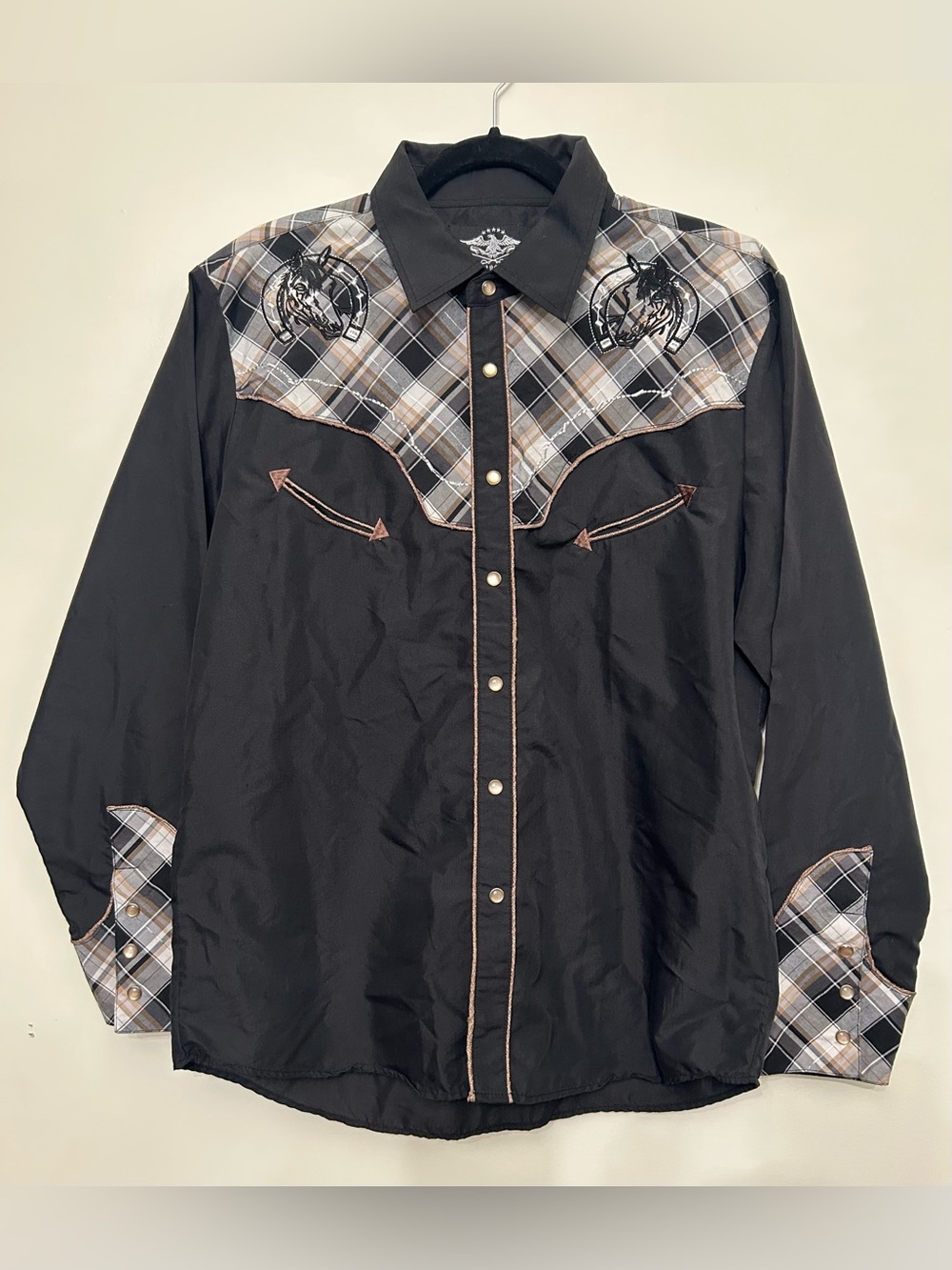 El General Black Western Button-Down Shirt with Plaid Yoke